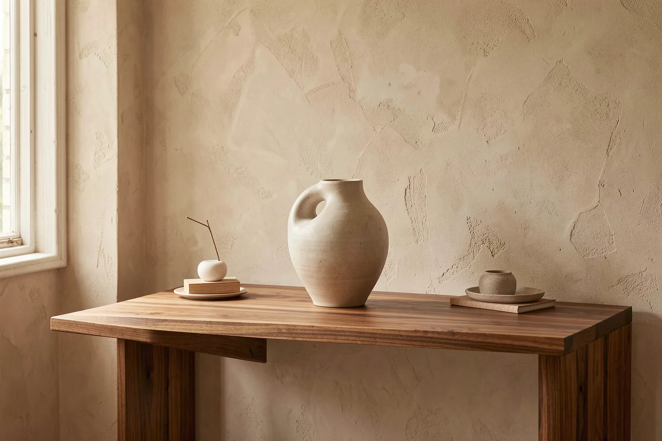 Sculptural home decor object on warm console table