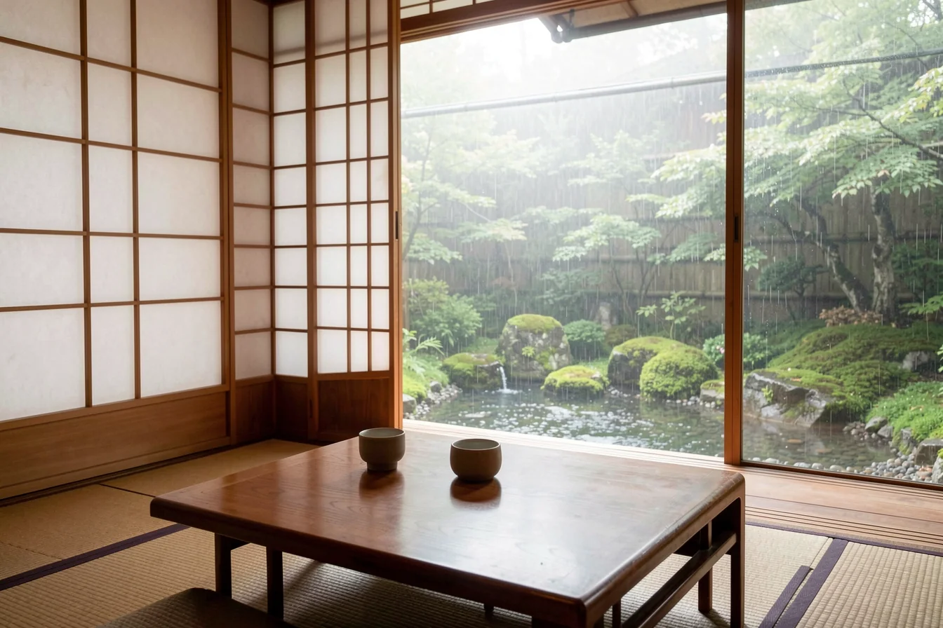 Japanese-inspired rain garden interior for hospitality branding