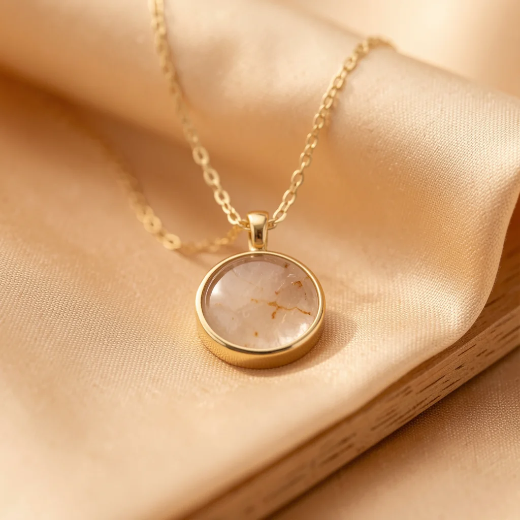 Gold pendant detail on stone and silk surface