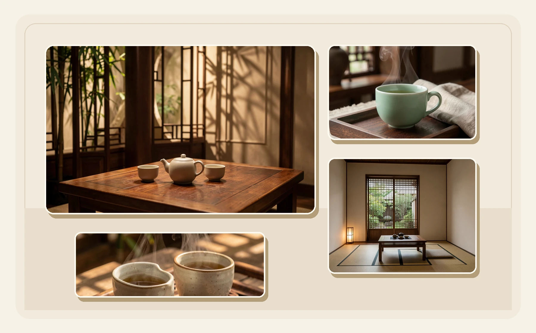 Tea hospitality pack with brand hero, object detail, interior cover, and story crop