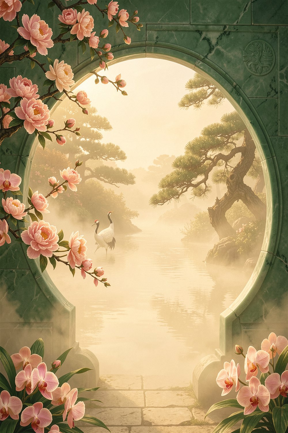 Jade moon gate cultural gift poster with peonies, a crane, and morning light