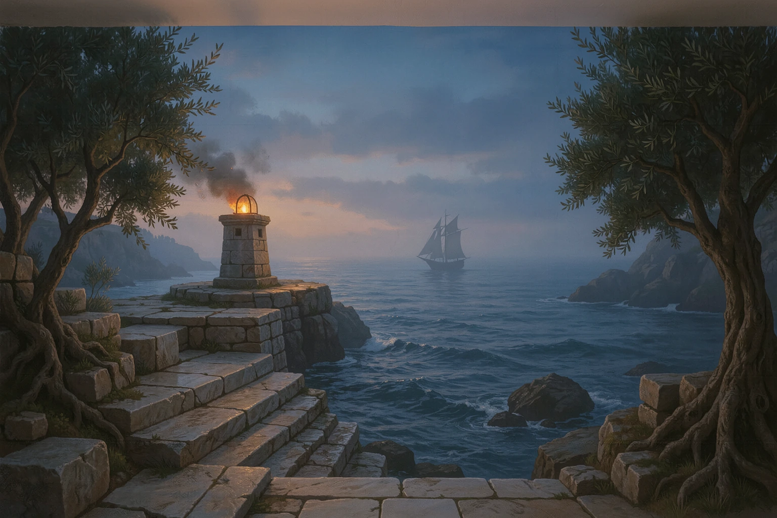 Greek coastal mythic atmosphere study